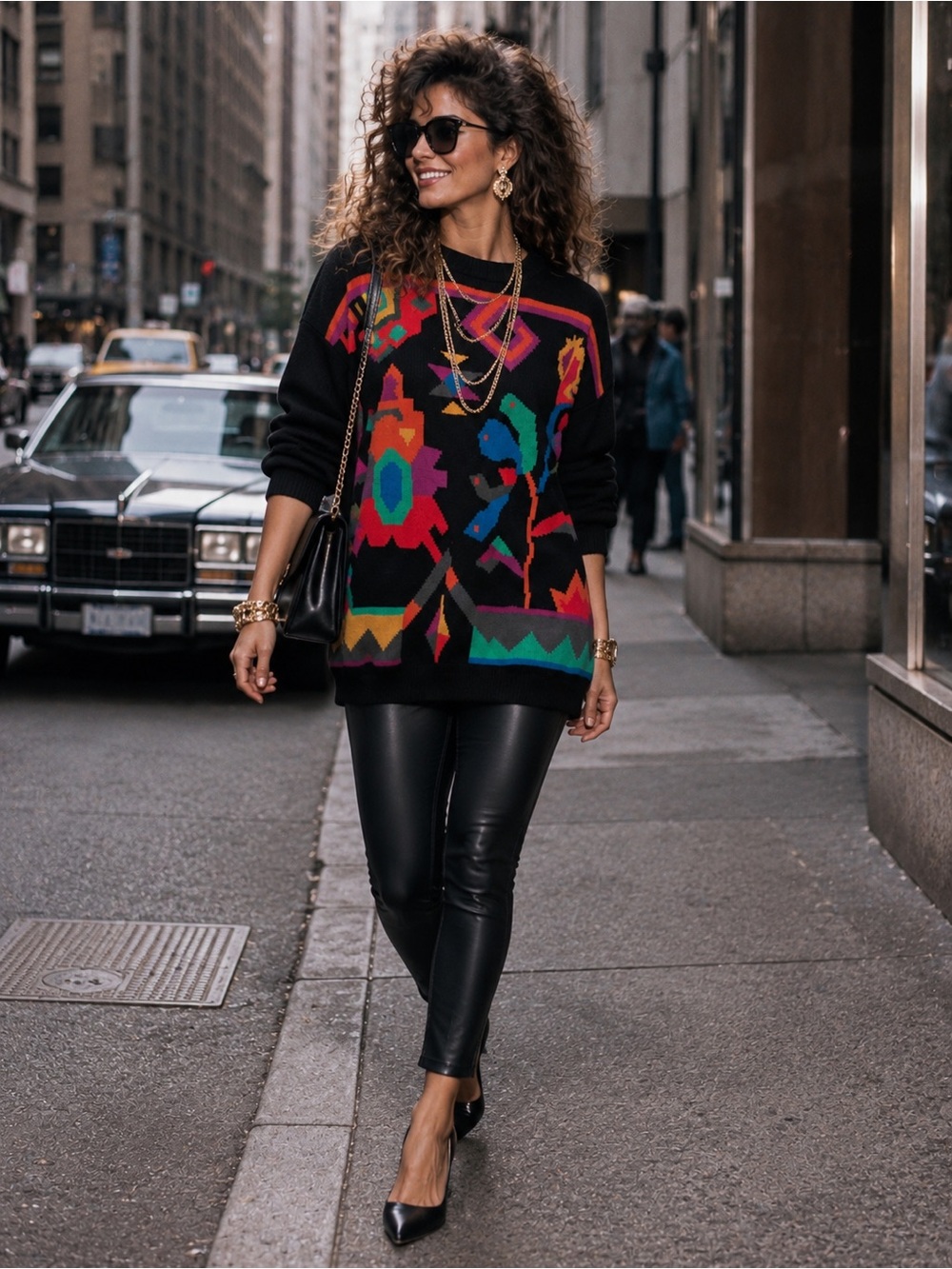 DONAGAIN Women’s Vintage 80’s Bright Multicolored Long Pullover Tunic Sweater M